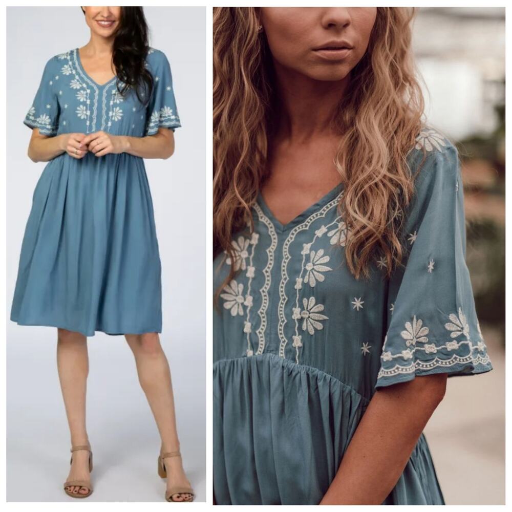 Polagram embroidered floral boho short sleeve dress sz L